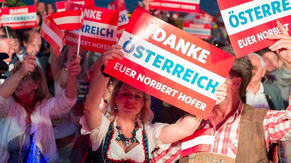 Supporters of the Austrian Freedom Party (FPOe) are pictured during the Austrian presidential elections run-off in Vienna, Austria, on 22 May 2016