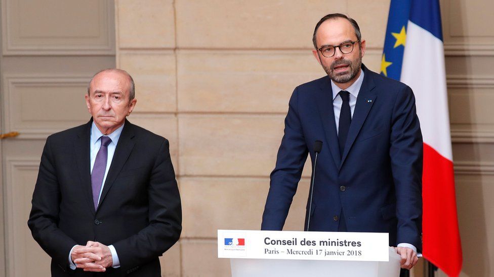 French Prime Minister Edouard Philippe (R) and French Interior Minister Gerard Collomb announce the French government's official decision to abandon the Grand Ouest Airport (AGO) project in Notre-Dame-des-Landes