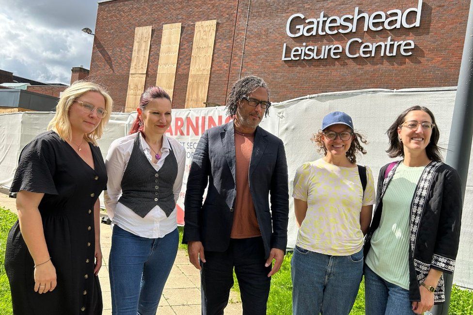 David Olusoga with campaigners outside Gateshead Leisure Centre