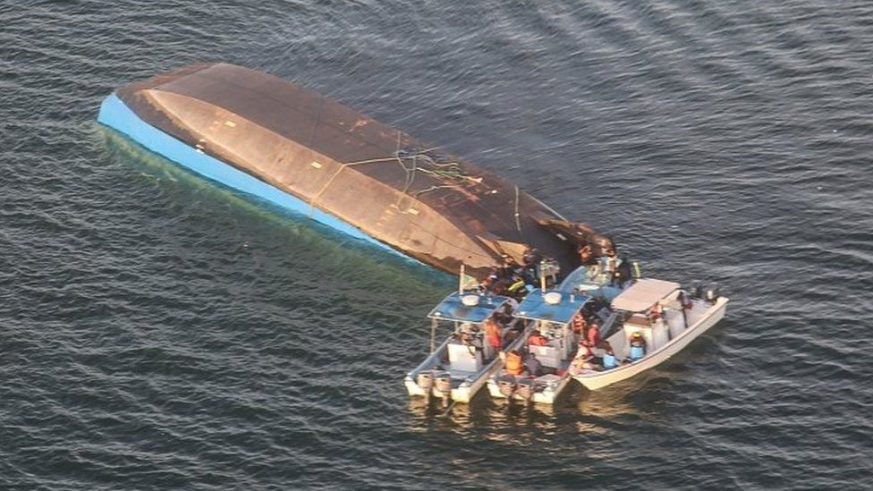 An aerial image shows the capsized ferry MV Nyerere which killed 131 people in Lake Victoria, Tanzania, on 21 September 2018.
