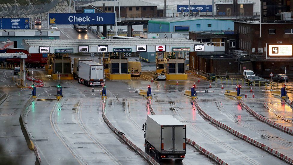 Lorries approach Dover Port on 4 January 2021