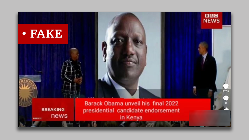 Скриншот видео TikTok, в котором ложно утверждается, что Обама поддерживает г-на Руто