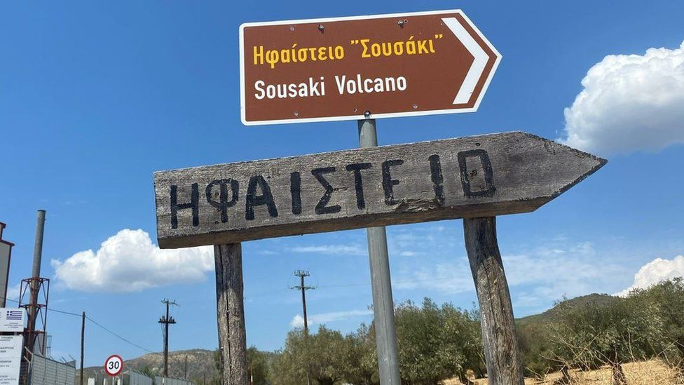A sign to the Sousaki volcano
