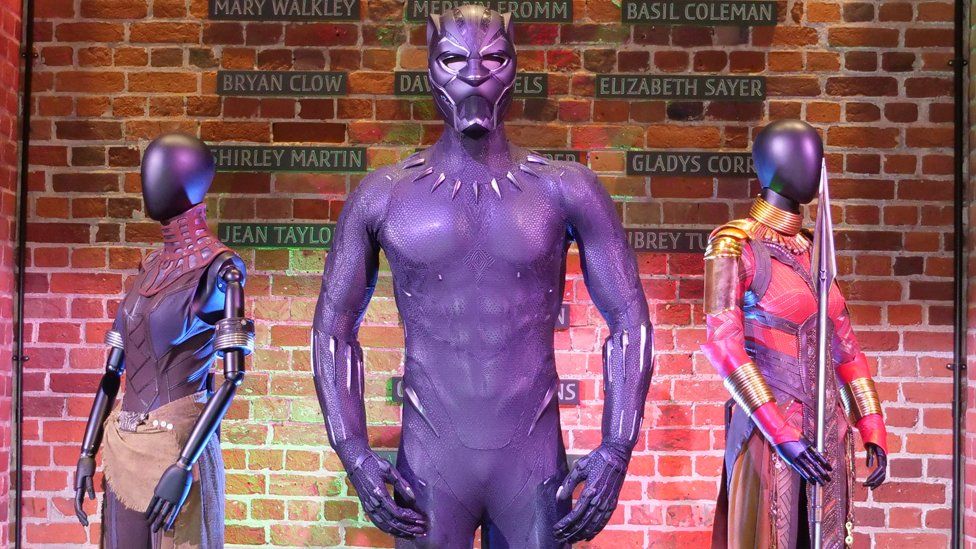 Three Black Panther costumes on display at Snape Maltings, Suffolk