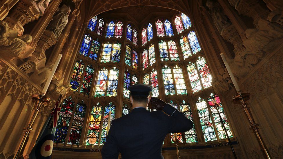 A member of the armed forces attends a service to mark the 80th anniversary of the Battle of Britain at Westminster Abbey on 20 September
