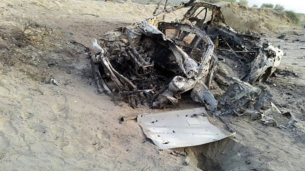 A photo believed to show the vehicle destroyed by A US in which Mullah Mohammad Akhtar Mansour was killed (22 May 2016)