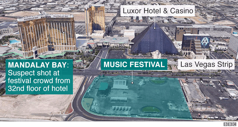 Map of Las Vegas showing Mandalay Bay hotel and scene of mass shooting at music festival