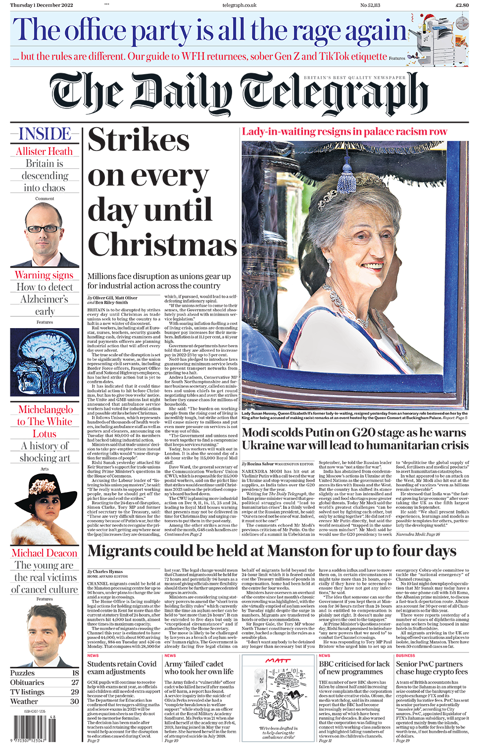 Главный заголовок на первой странице Daily Telegraph гласит: «Забастовки каждый день до Рождества»