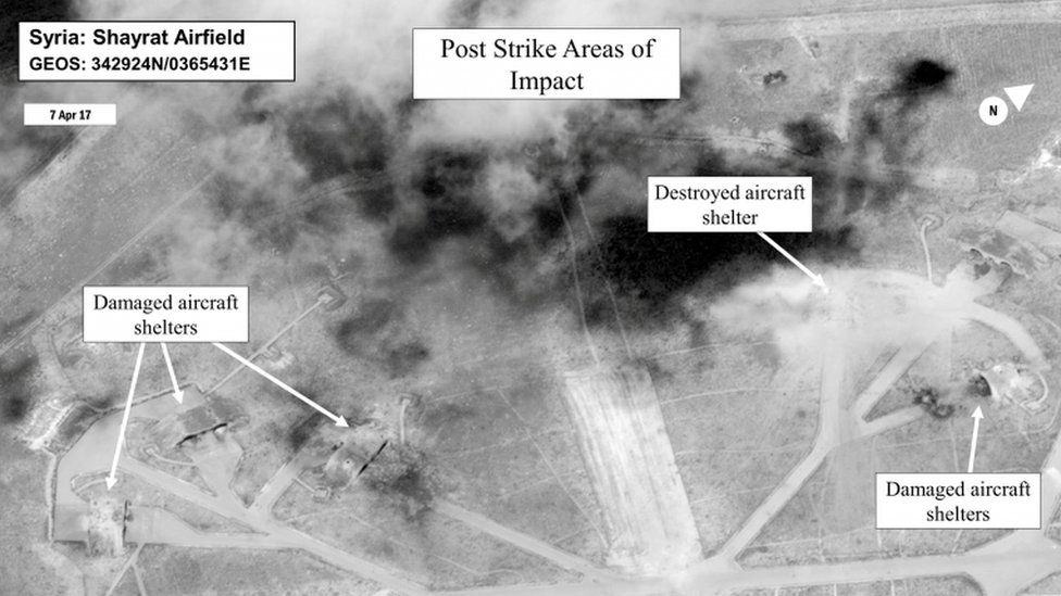 Photo released by the Pentagon showing damage at Shayrat air base