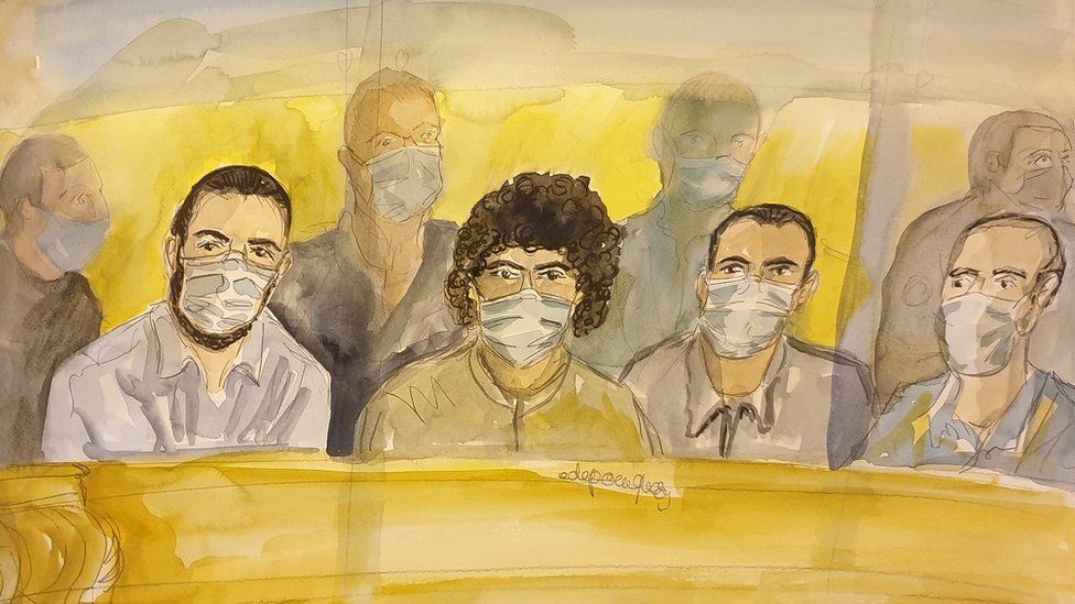 A courtroom sketch made on November 16, 2020, shows the defendants, from left to right