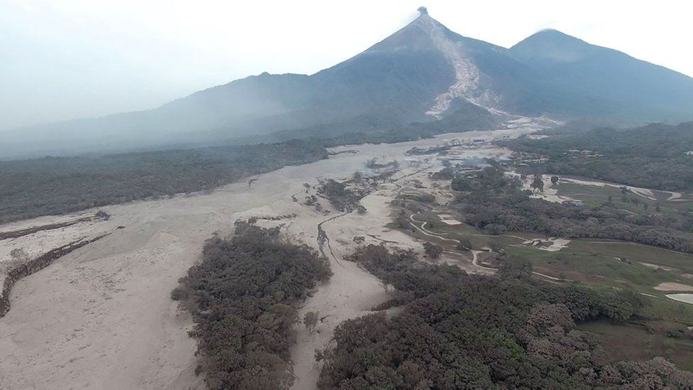 an aerial view of the area around Volcano Fuego after an eruption in Guatemala on June 4, 2018.