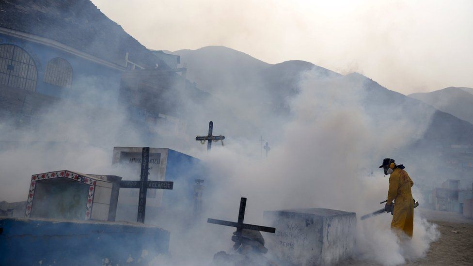 A health worker fumigates a grave yard in the outskirts of Lima, Peru.