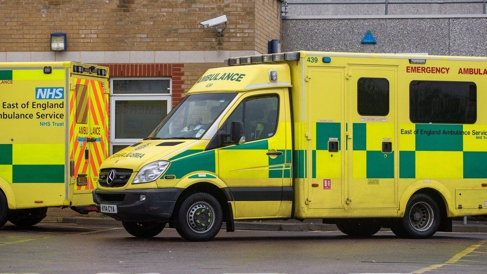East of England Ambulance queuing outside a hospital in Southend