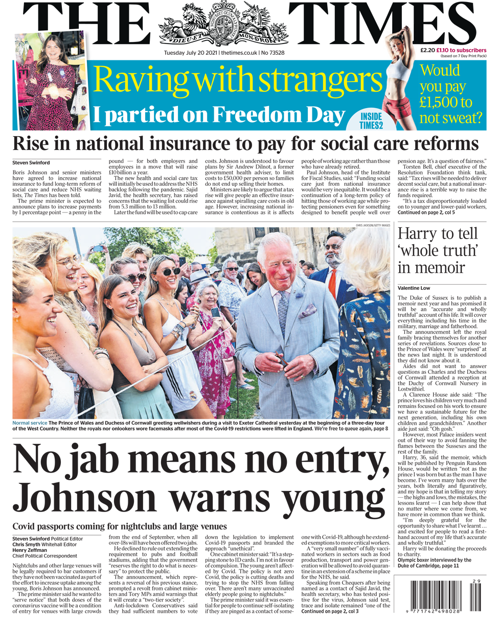 The Times front page 20/07/21