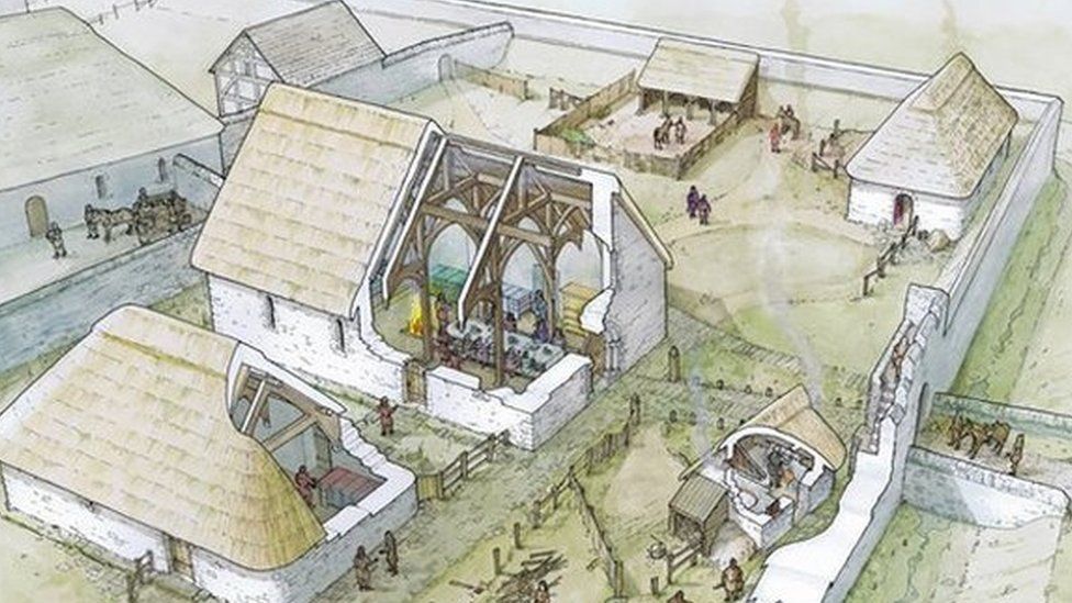 Artists' impression of how the Llys Rhosyr on Anglesey settlement looked