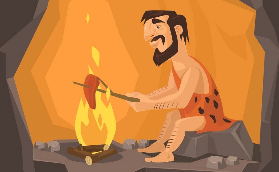 Cartoon of caveman cooking meat