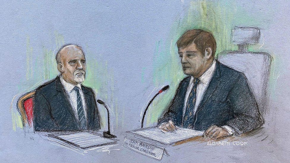 Court artist drawing by Elizabeth Cook of David Rees, a firearms information officer, giving evidence at Exeter Racecourse in Kennford, Devon, for the inquest into the deaths of five people shot dead by Jake Davison in Plymouth in August 2021