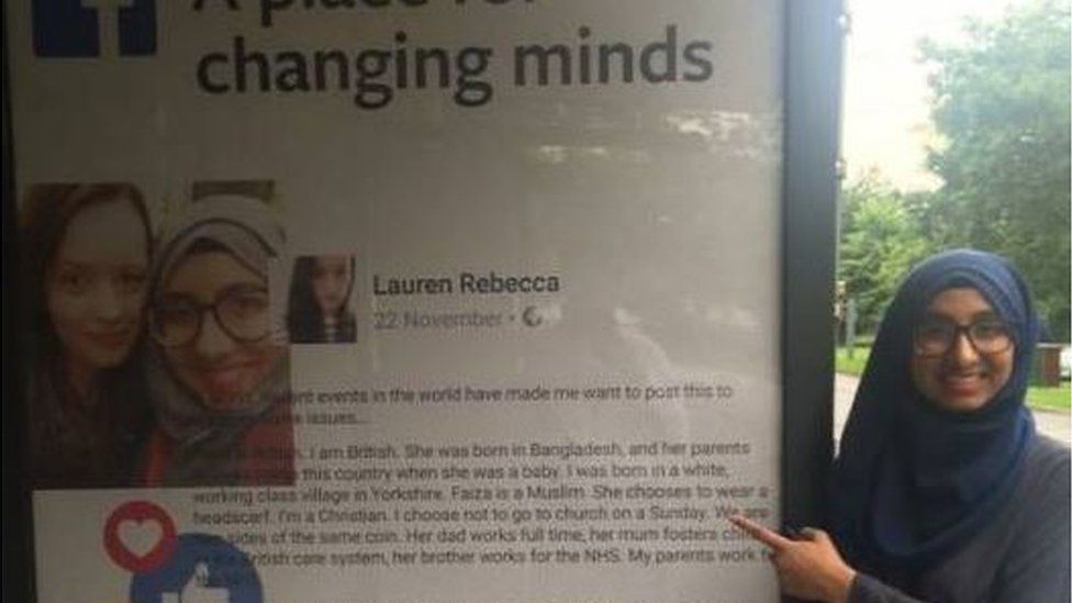 Faiza Chowdhury with Facebook Changing Minds anti-hate campaign in a bus stop