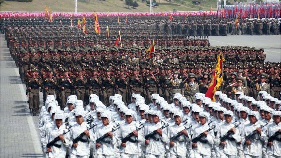 This April 15, 2017 picture released from North Korea"s official Korean Central News Agency (KCNA) on April 16, 2017 shows Korean People"s Army (KPA) soldiers marching through Kim Il-Sung square during a military parade in Pyongyang marking the 105th anniversary of the birth of late North Korean leader Kim Il-Sung