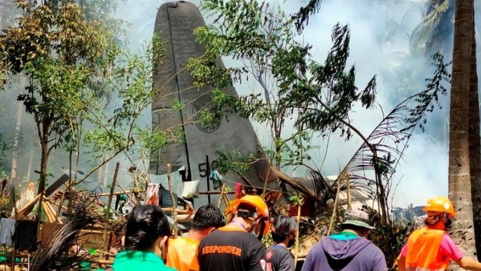 Site of military transporter plane crash in the Philippines, 4 July 2021