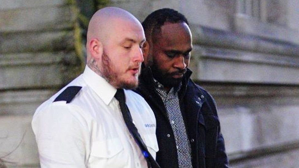 The rugby player, pictured being led from Cardiff Crown Court on Tuesday, admitted sexually assaulting three women