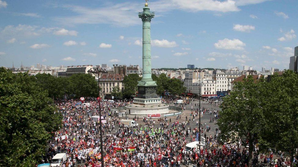 A general view shows the Place de la Bastille square as French labour unions employees attend a demonstration against plans to reform French labour laws on 23 June