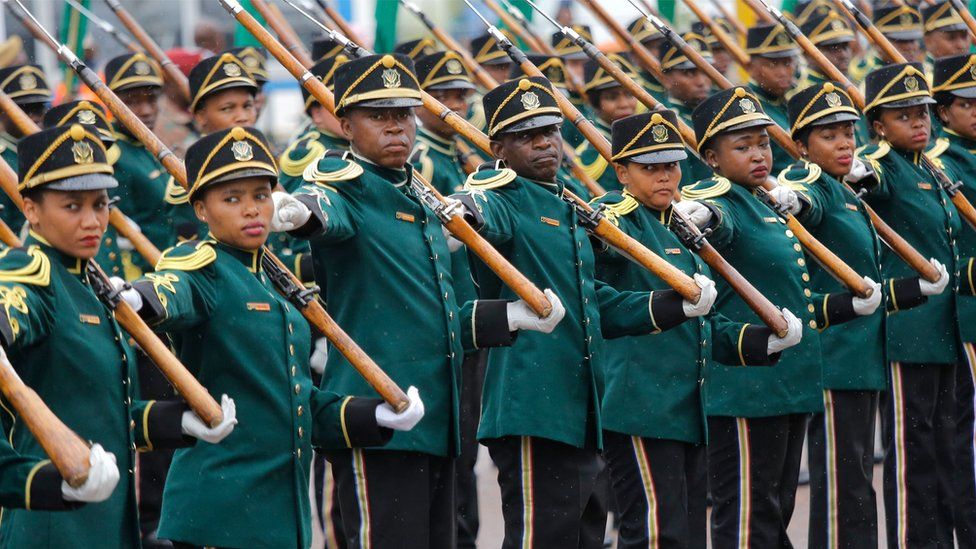 Members of South Africa's National Ceremonial Guard take part in the annual National Defense Force Parade in Durban, South Africa - Tuesday 21 February 2017