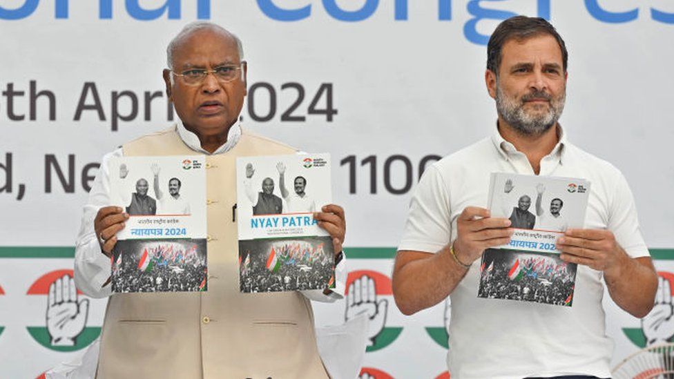 Congress President Mallikarjun Kharge with senior party leader Rahul Gandhi, releasing the Congress manifesto