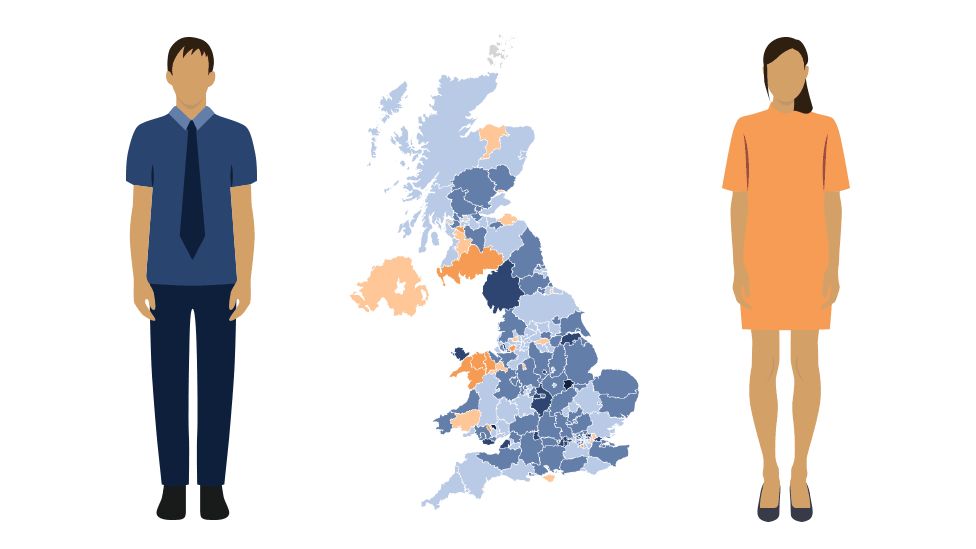 man and woman stand either side of a map showing gender pay gap disparity in UK