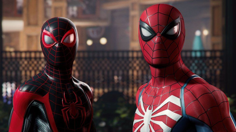 Two Spider-Mans standing together