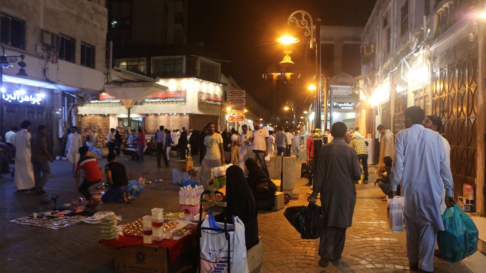 Street vendors and customers at the popular Qabil street market in centre of Jeddah, 9 Dec 2015