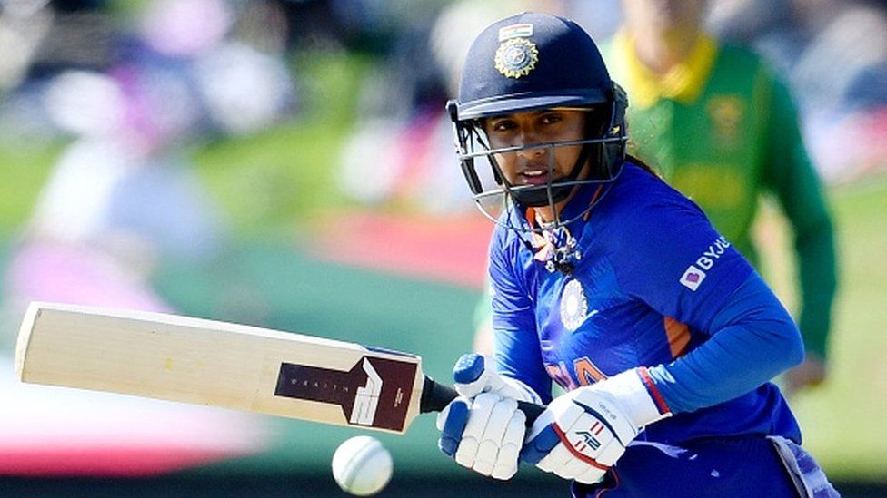India's Mithali Raj bats during the Women's Cricket World Cup match between South Africa and India at Hagley Oval in Christchurch on March 27, 2022.