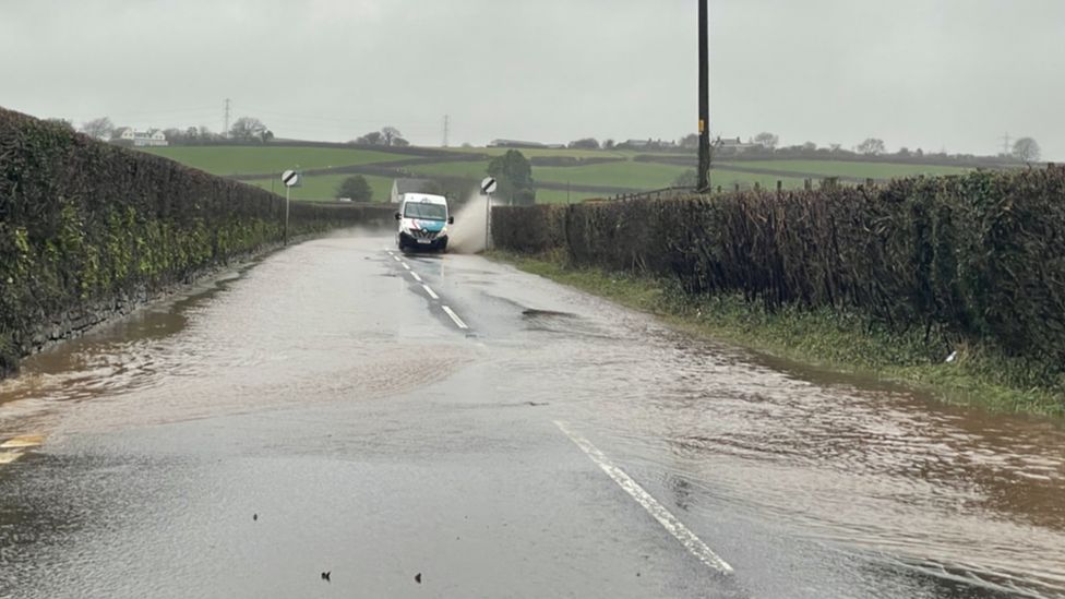 Flooded road between Aberthin and Maendy in the Vale of Glamorgan