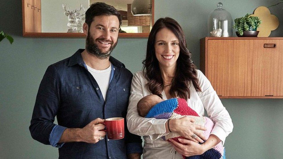 New Zealand's Prime Minister Jacinda Ardern and partner Clarke Gayford posing with their baby daughter Neve Te Aroha Ardern Gayford in Auckland