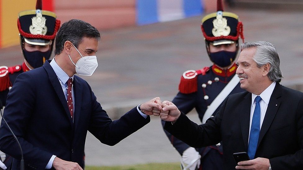 Spanish Prime Minister Pedro Sanchez (L), greets Argentine President, Alberto Fernandez at the Casa Rosada in Buenos Aires, Argentina, 09 June 2021