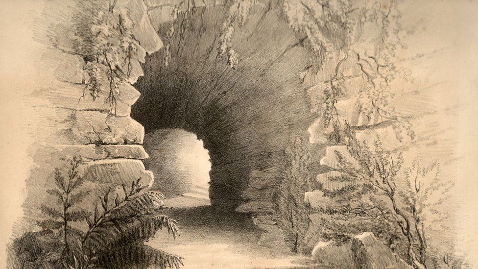 A sketch by Willes Maddox from 1844 of the subterranean grotto at Beckford Tower