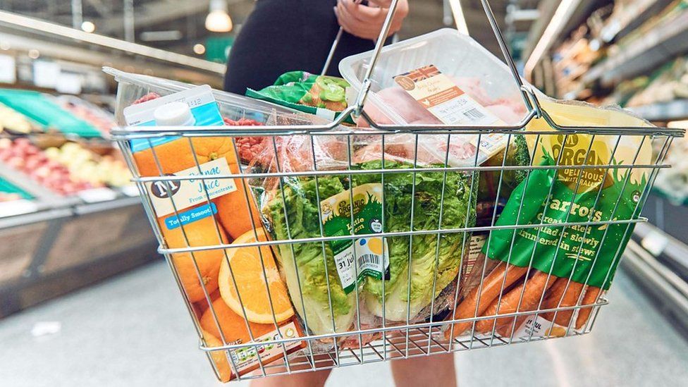 Closeup of a basket of shopping, held by a shopper, inside a Morrisons supermarket
