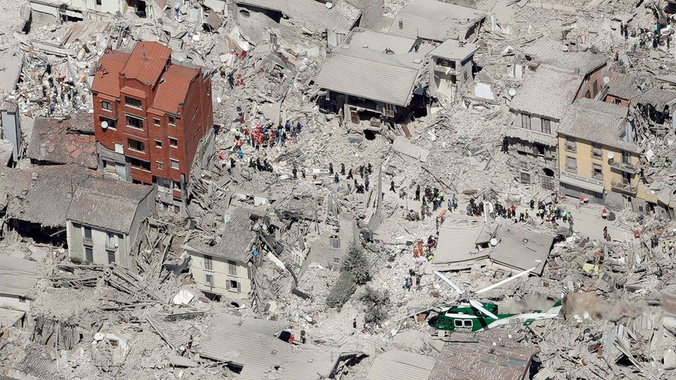 Aerial photo showing damaged buildings in the historical part of the town of Amatrice, central Italy, after an earthquake (Aug. 24, 2016)