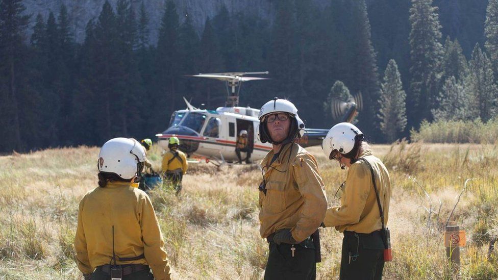 Rescue workers at the scene of the rock fall in Yosemite