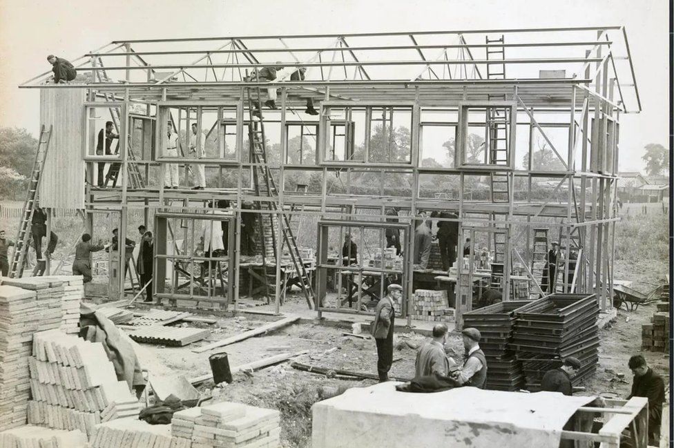 A British Iron and Steel Federation prefabricated house at the Ministry of Works' testing ground, Northolt, London