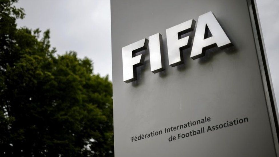 This picture taken on May 30, 2015 shows a sign at FIFA headquarters in Zurich