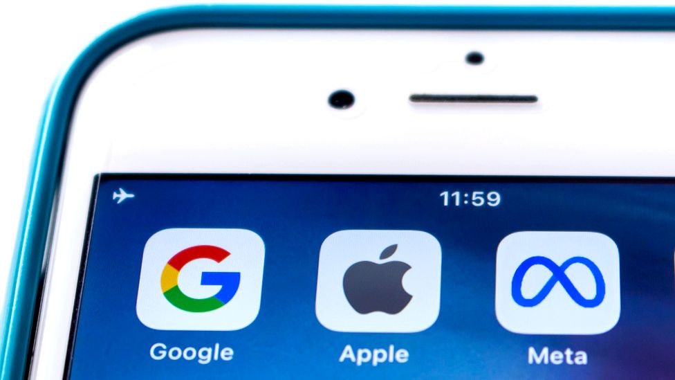 A phone screen showing Google, Apple and Meta app icons