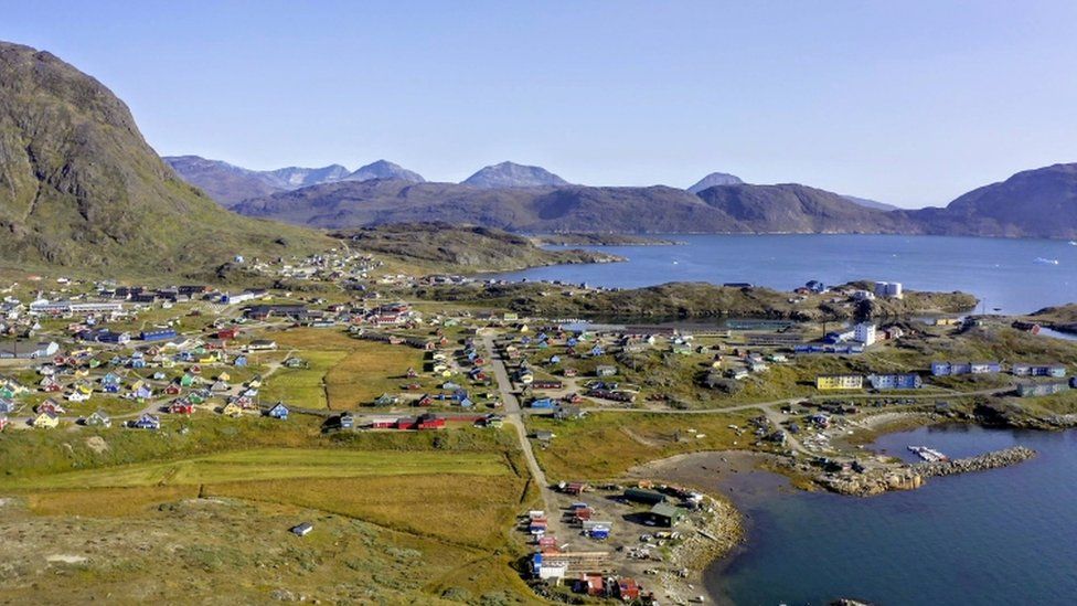 Aerial view of the town of Narsaq in southern Greenland