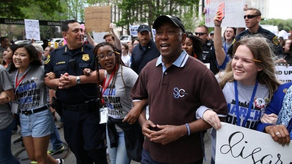 Houston Mayor Sylvester Turner, Houston Police Chief Art Acevedo and student organizers lead the "March for Our Lives", an organized demonstration to end gun violence, in downtown Houston, Texas, on 24 March 2018.