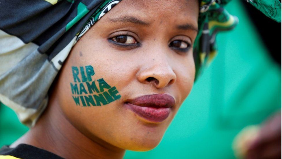 An African National Congress (ANC) supporter at a memorial service for Winnie Madikizela-Mandela at Orlando Stadium in Johannesburg's Soweto township, South Africa, 11 April 2018.