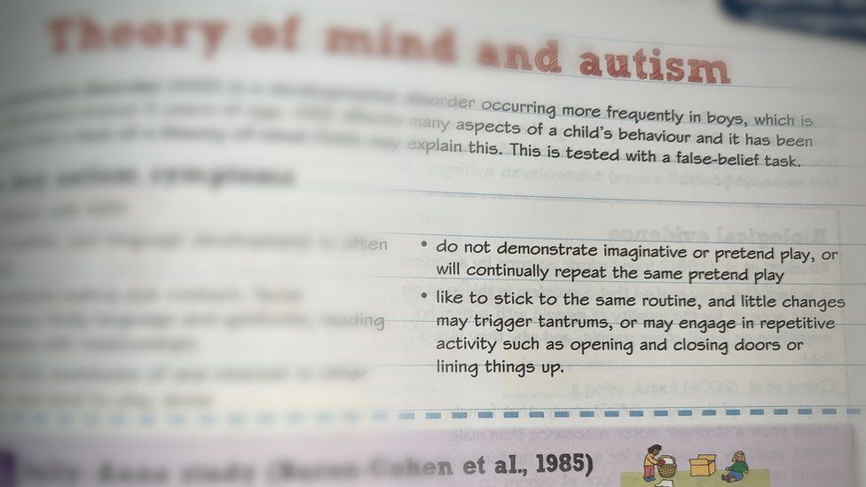 The bullet point on page 182 of the textbook says: "Like to stick to the same routine, and little changes may trigger tantrums, or may engage in repetitive activity such as opening and closing doors or lining things up."