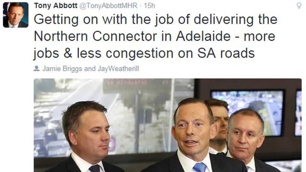 Tweet from Tony Abbott: "Getting on with the job of delivering the Northern Connector in Adelaide - more jobs & less congestion on SA roads"
