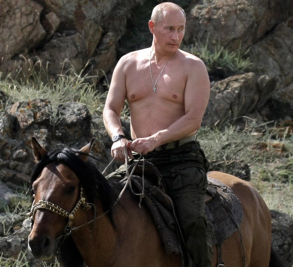 Vladimir Putin riding a horse during a vacation outside the town of Kyzyl in Southern Siberia