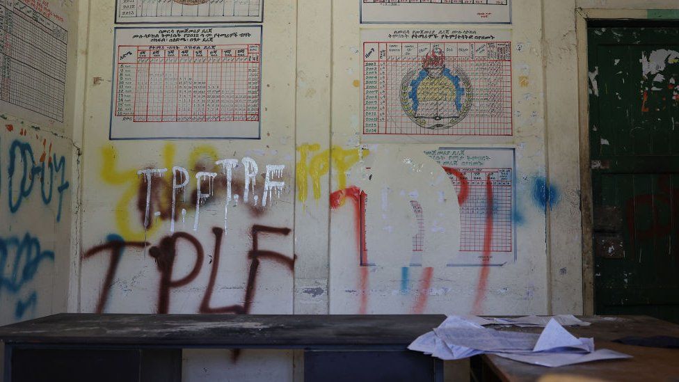TPLF graffiti is seen spray-painted on the walls of an administrative office at the Mersa Elementary School in North Wollo on January 12, 2022