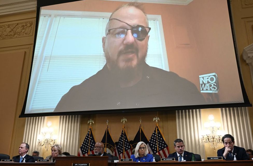 A clip of Oath Keepers founder Stewart Rhodes was shown to a Congressional committee investigating the 6 Jan attack